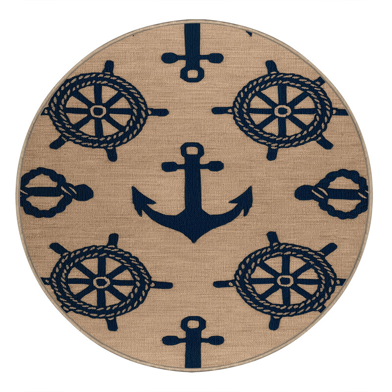 Washable Simplified nautical elements Nautical Area Rug, Round 6'