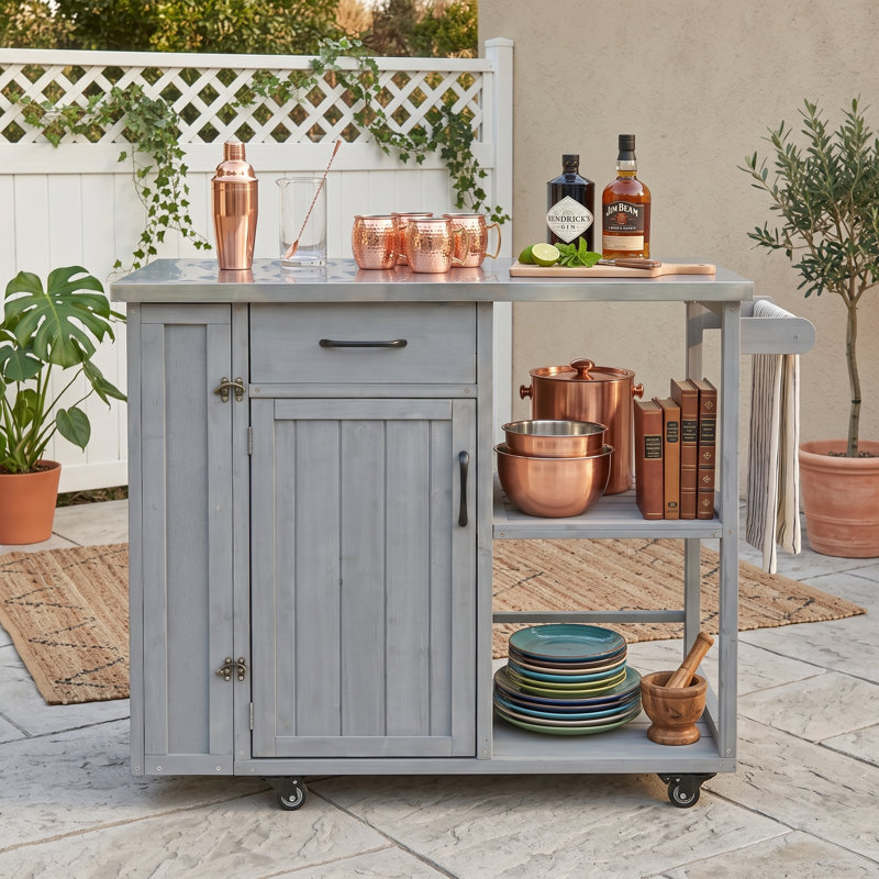 Chariot pour îlot de cuisine extérieur avec plan de travail et rangement en acier inoxydable, Gris