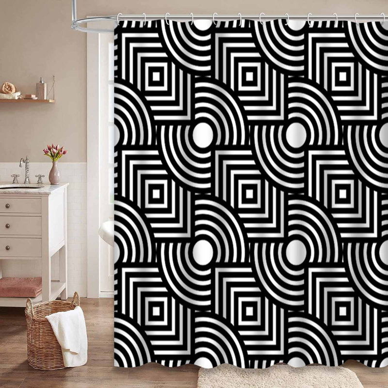 Rideau de douche géométrique noir et blanc sans couture avec 12 crochets, L 72 po x l 78 po