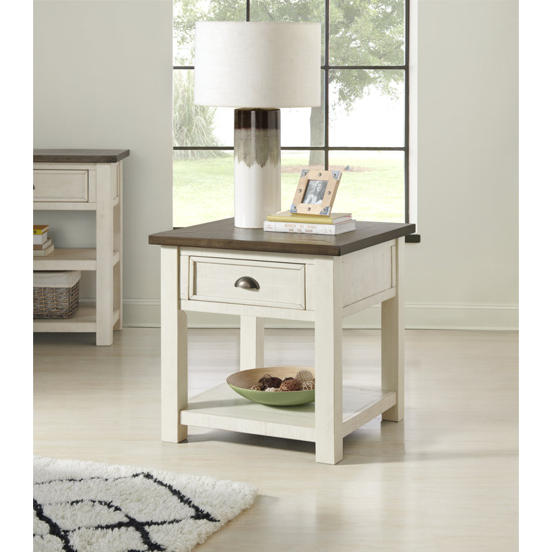 Holliman Solid Wood End Table with Storage, Cream White/Brown