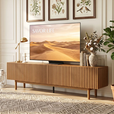 86.6" Modern TV Stand with Fluted Doors and Removable Shelves for TVs up to 90" - Walnut Media Console with Cable Management