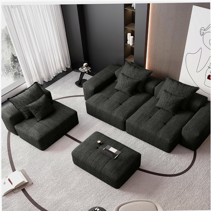 Canapé moderne très grand et modulaire, canapé doux en tissu de chenille lisse, avec 6 coussins décoratifs, 6 ensembles de canapés à patchwork, pas d'assemblage requis, noir