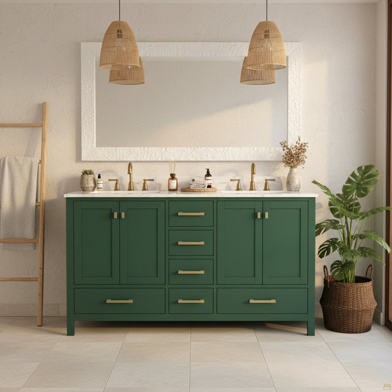 Meuble-lavabo 60 po, meuble-lavabo avec cadre en bois massif, comptoir autoportant avec 2 lavabos vert