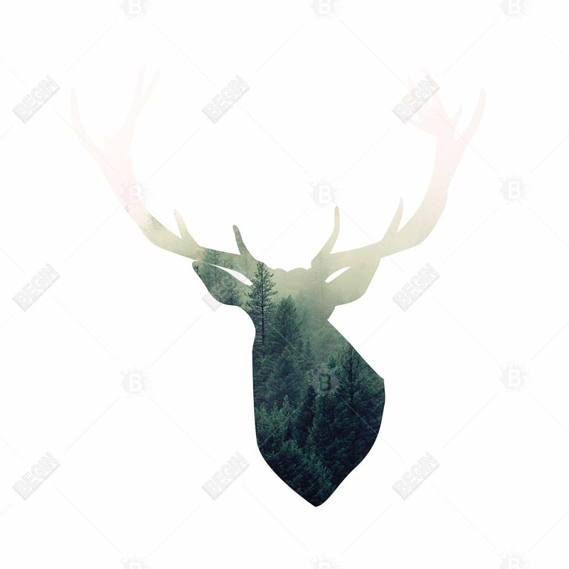 Deer head with green landscape shape - 16"x16" Outdoors Throw pillow - Spun poly - Print on demand