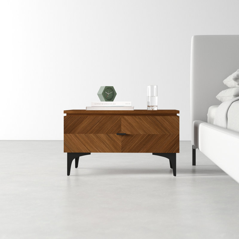 Walnut Veneer Rectangular Nightstand with Black Metal Handle