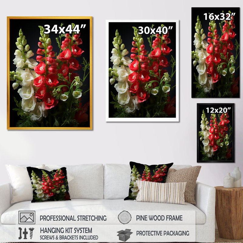 Snapdragons Serenade 1 - Snapdragons, art mural, H 32 po x l 16 po x P 1 po, Cadre simple argenté