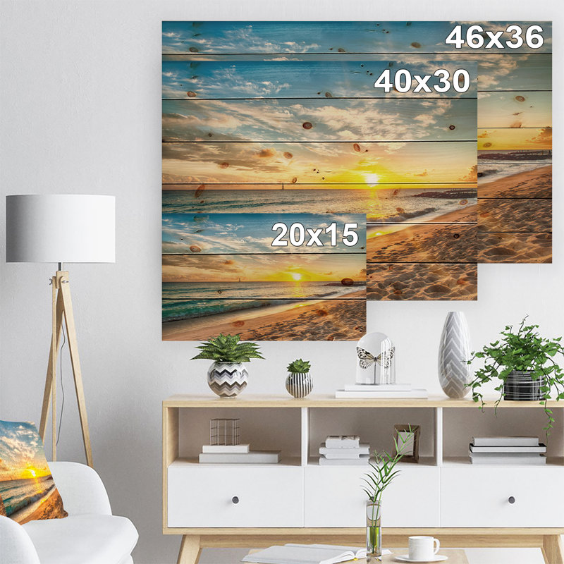 Plage blanche à l'île de la Barbade - impression de paysage marin moderne, H 36 po x l 46 po x P 1,5 po, Bois