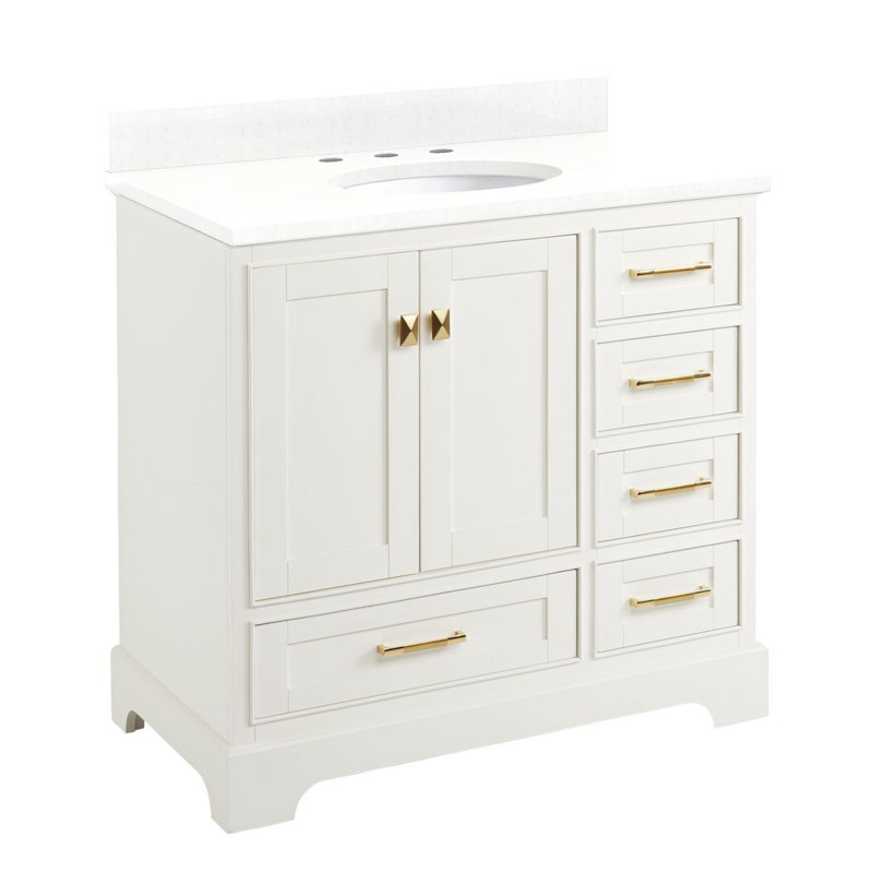 Quen 36" Freestanding Single Basin Vanity Set with Cabinet, Vanity Top, and Oval Undermount Sink, Soft White, Satin Brass