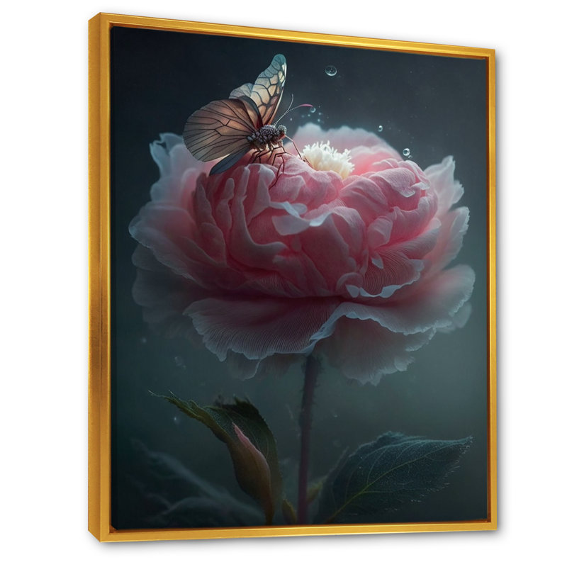 " Pink Flower Blooming Butterflies ", 32" H x 16" W x 1" D, Gold Floater Framed
