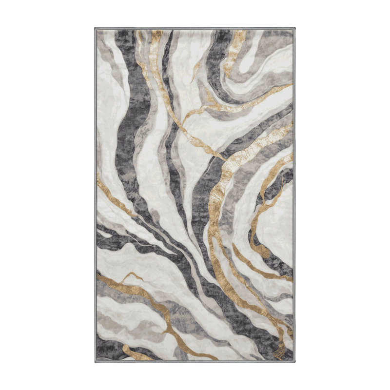 Machine Washable Gray Area Rug, Rectangle 4' x 6'