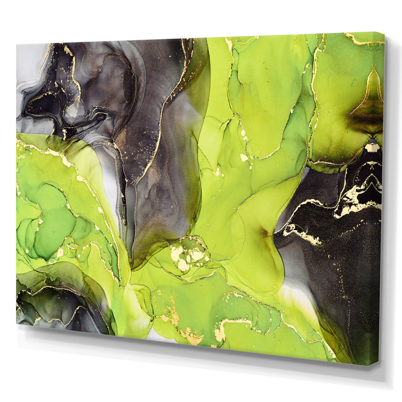 «Green and Black Luxury Abstract Fluid Art I», peinture sur toile, Toile tendue, H 12 po x l 20 po x P 1 po