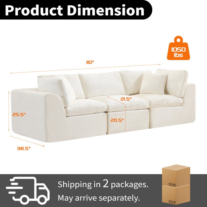 110" Boneless Modular Sectional Sofa, 3 Seat Chenille Couch for Living Room, No Assembly Required, 3 Seat, Beige Chenille