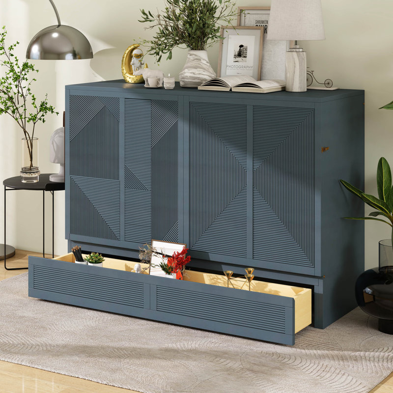 Murphy Bed Cabinet With USB Charging Station And Large Storage Drawer, Foldable Pull Out Murphy Chest Bed, Gray, Queen