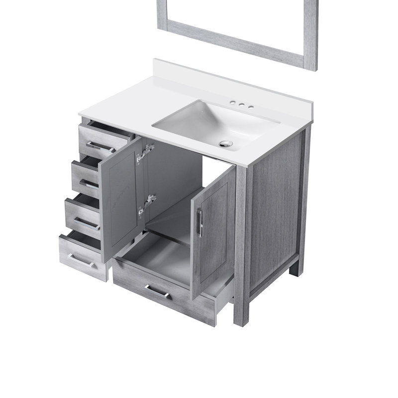 36 In. W Distressed Grey Vanity For Bathroom With 22 Depth, White Quartz Surface, 34 Mirrors, Soft - Closing Functionality Bath D, Right Offset Top, Quality