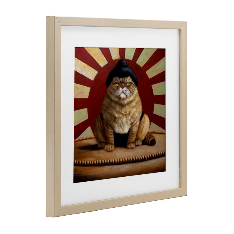 «Sumo Cat with Sun Rays», reproduction encadrée sous verre, conception de Lucia Heffernan, Récolte de pin sous cadre en verre