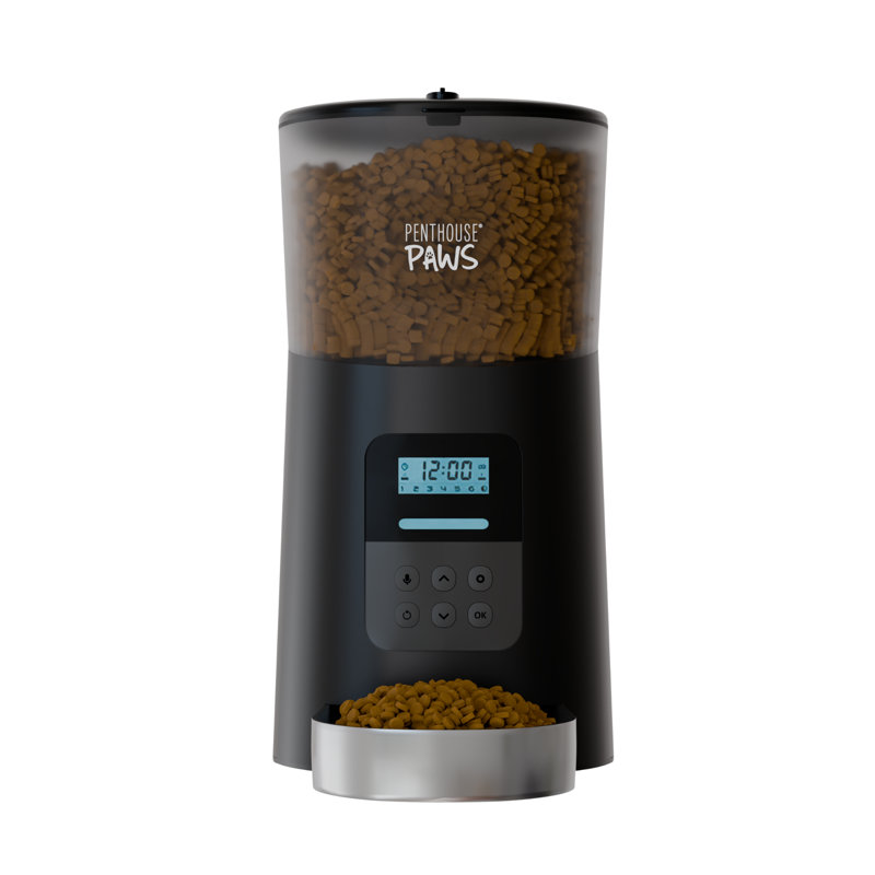 Mangeoire pour chat Penthouse Paws avec écran ACL, rangement verrouillable, anti-bourrage, appel de repas, batterie de secours, bol en acier inoxydable, jusqu'à 15 repas quotidiens, plateau simple de 6 L pour chat et chien, noir / acier inoxydable