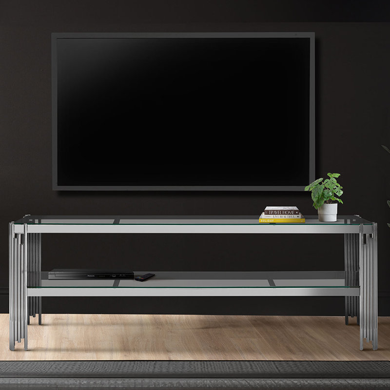 180cm Wide TV Stand Unit for Living Room Furniture, Metal Entertainment Unit with Storage Shelf, Silver