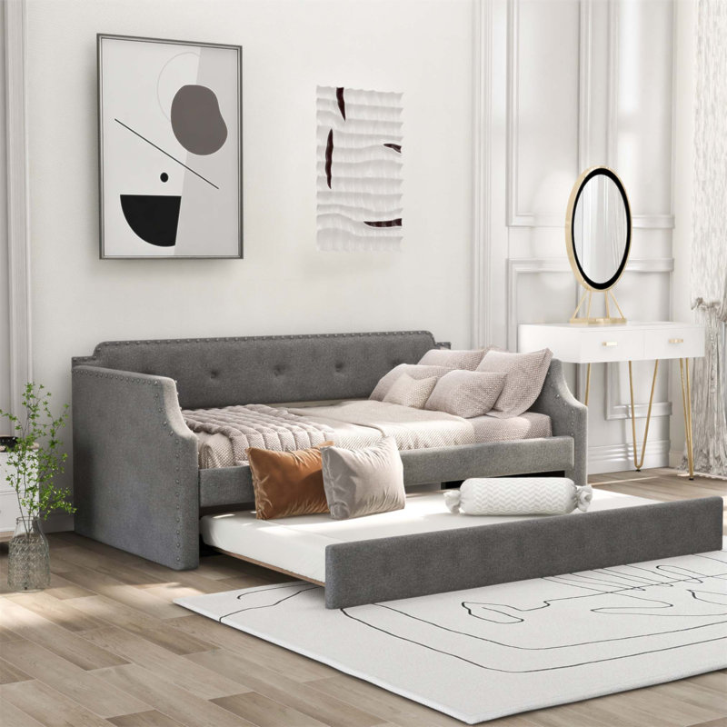 Lit de jour rembourré avec lit gigogne et support en lattes de bois, canapé-lit polyvalent pour chambres d'amis et espaces de vie