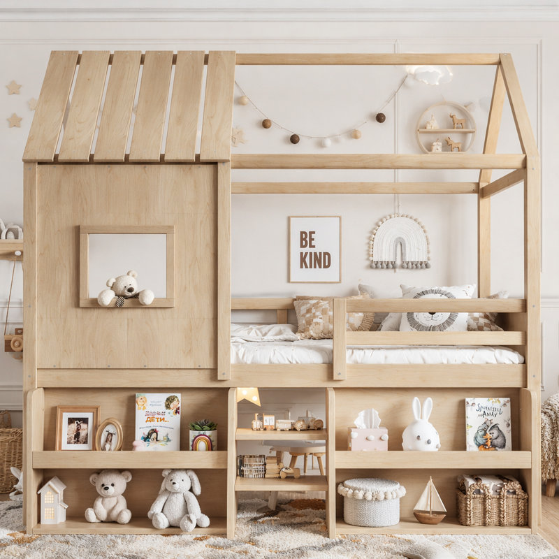 Lit mezzanine simple avec tablettes et escaliers de rangement, Lit simple, Naturel