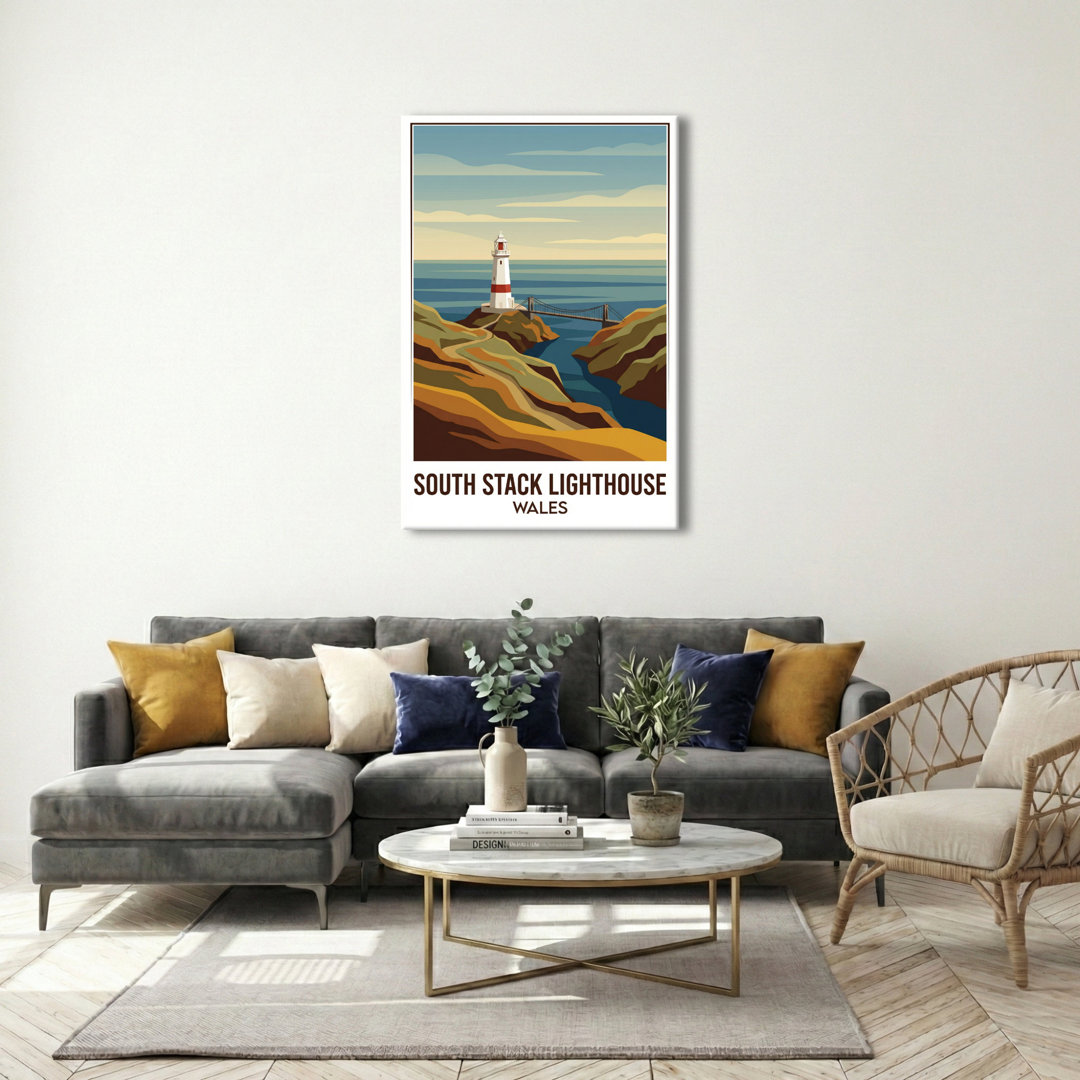 South Stack Lighthouse, Wales - Vintage Coastal Travel Poster of Anglesey Cliffs. Giclee Print on Wrapped Canvas. Wall Art, Home Decor - Coastal & Mar