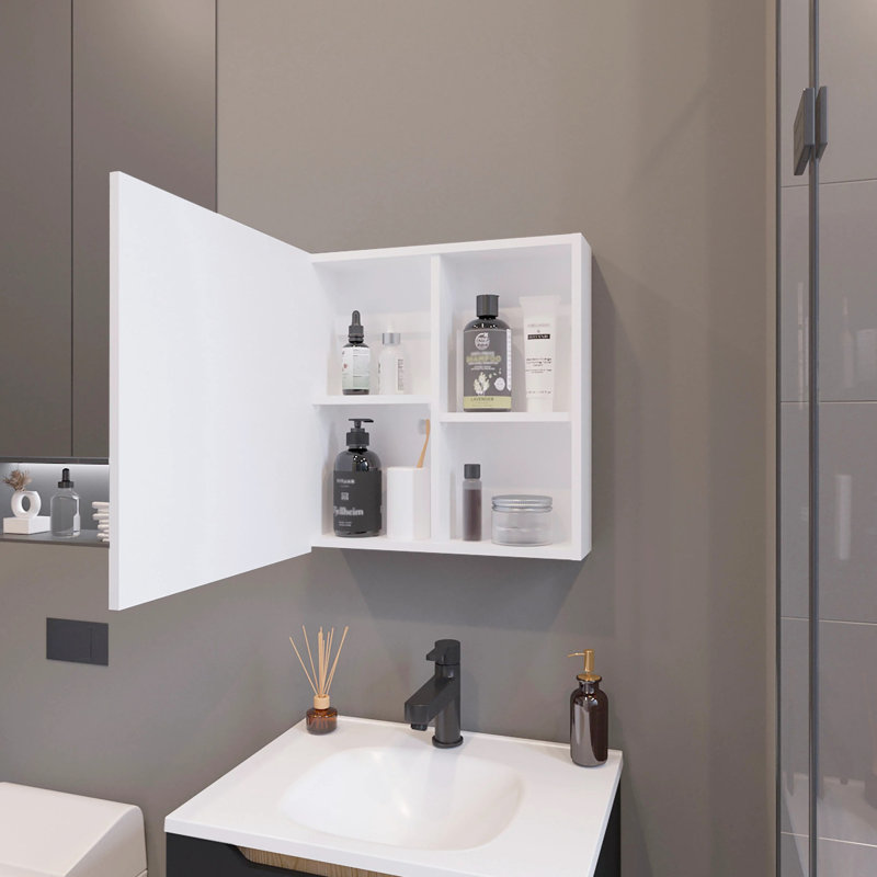 Armoire de rangement blanche avec miroir et 3 tablettes pour la salle de bain, Gris