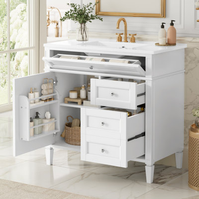 Meuble-lavabo de 36 po avec lavabo supérieur SMC, meuble de rangement moderne avec 2 tiroirs et tiroir escamotable, meuble-lavabo simple