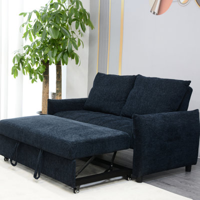 Navy Futon Couch With 2 Storage Pockets, Adjustable And Fabric Covering Modern Sleeper In Convenient Port & Wood Frame