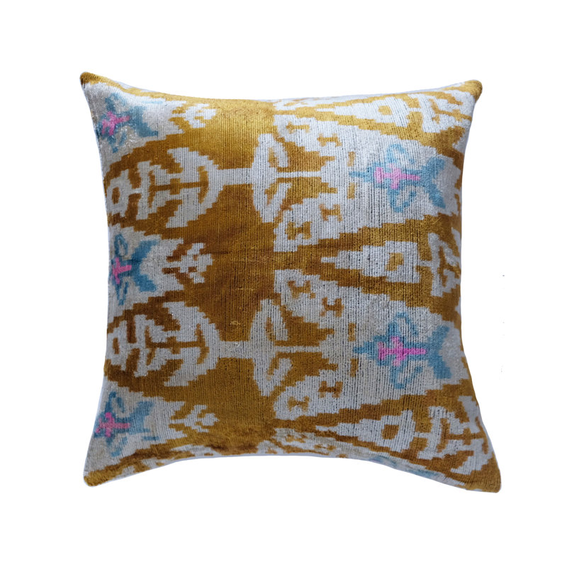 Kara Feather Throw Pillow, 20" x 20", Gold/White Ikat