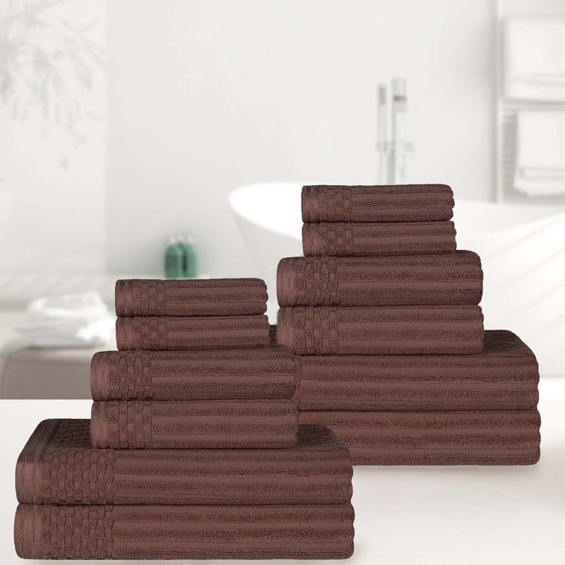 12-Piece Solid Highly Absorbent  and Checkered Border Cotton Towel Set, Java