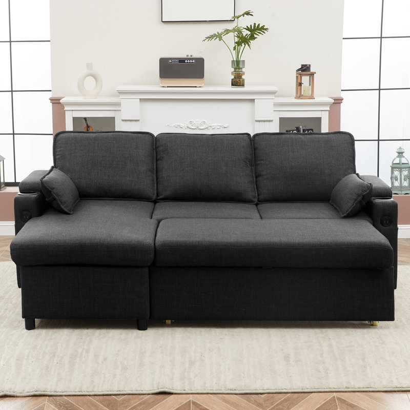 Vesna L-shape 81" Wide Space-Saving Sleeper Sofa Upholstered Pull-out Sofa Bed, Dark Gray