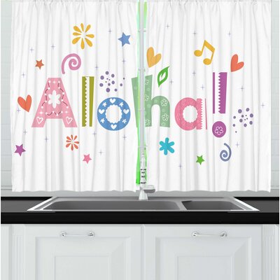 2 Piece Colorful Fun Wording Illustration with Swirls Hearts and Floral Motifs Hawaiian Aloha Kitchen Curtain Set -  East Urban Home, D99A04AFF1D345A68443A4E0A1C1BE04