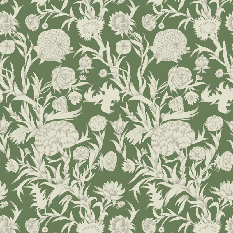 Blooming Thicket - Papier peint, Papier de qualité supérieure, Émeraude, Non-Pasted
