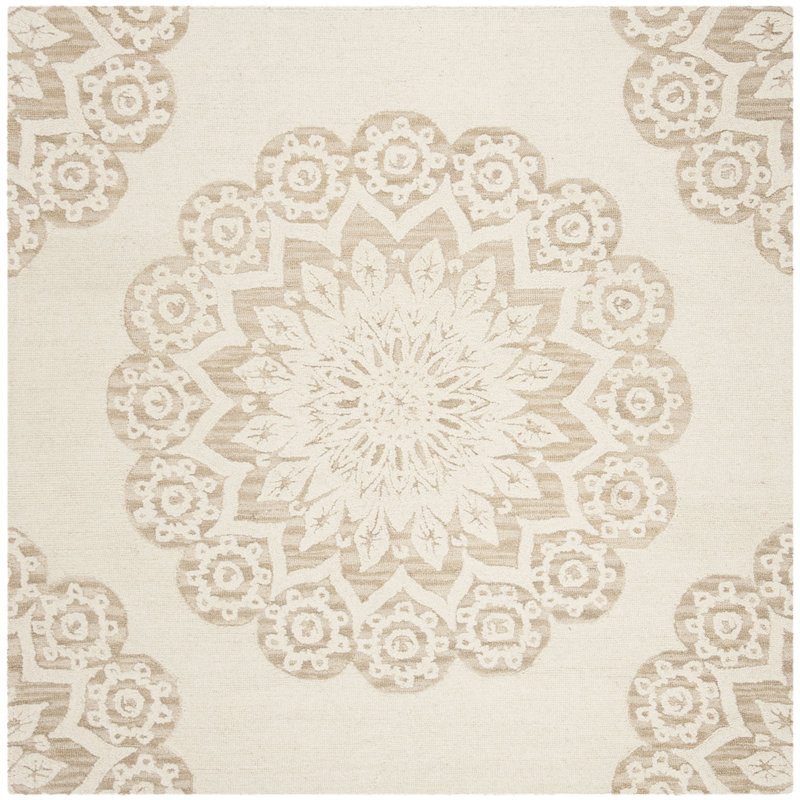 Tapis ivoire en laine touffeté à motif floral Jahiem, Carré 4 pi
