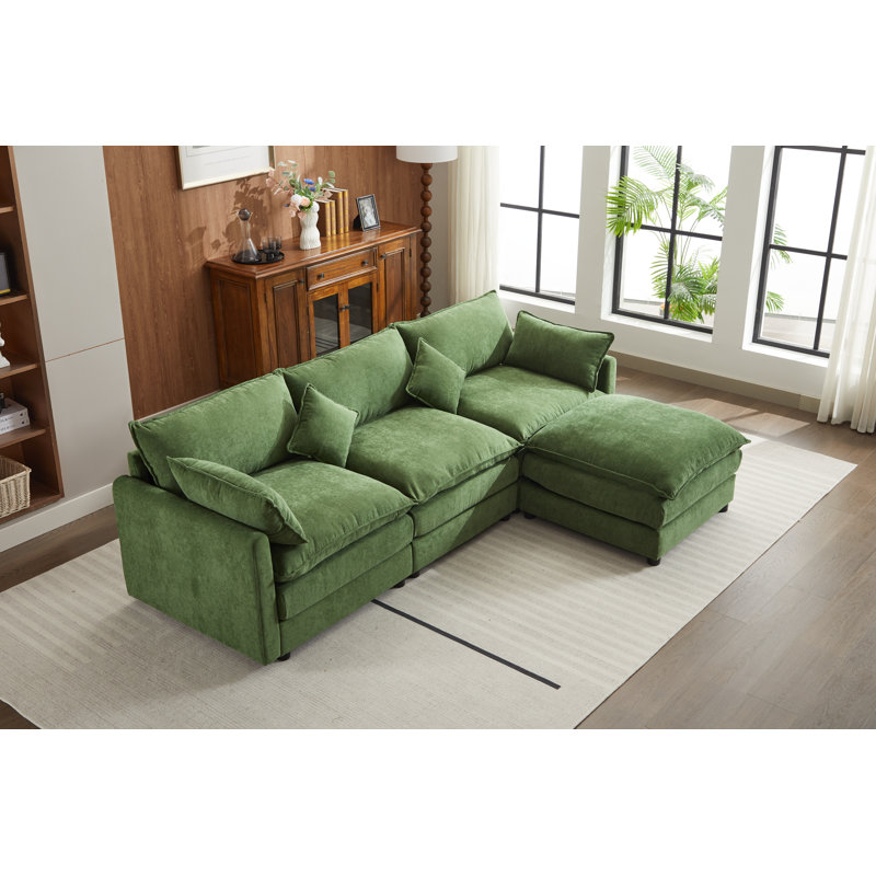 Majuma Chenille Fabric Upholstered 3-Seater Sofa with Ottoman, Green