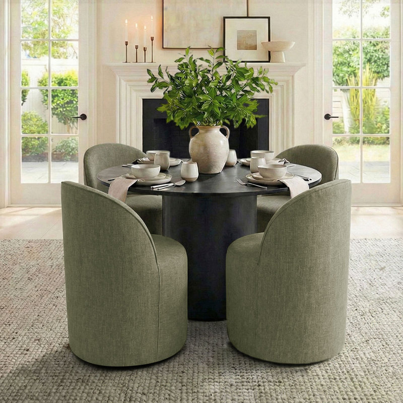 Ensemble de table de salle à manger pour 4 personnes avec table ronde et 4 chaises roulantes rembourrées, Vert, Noir