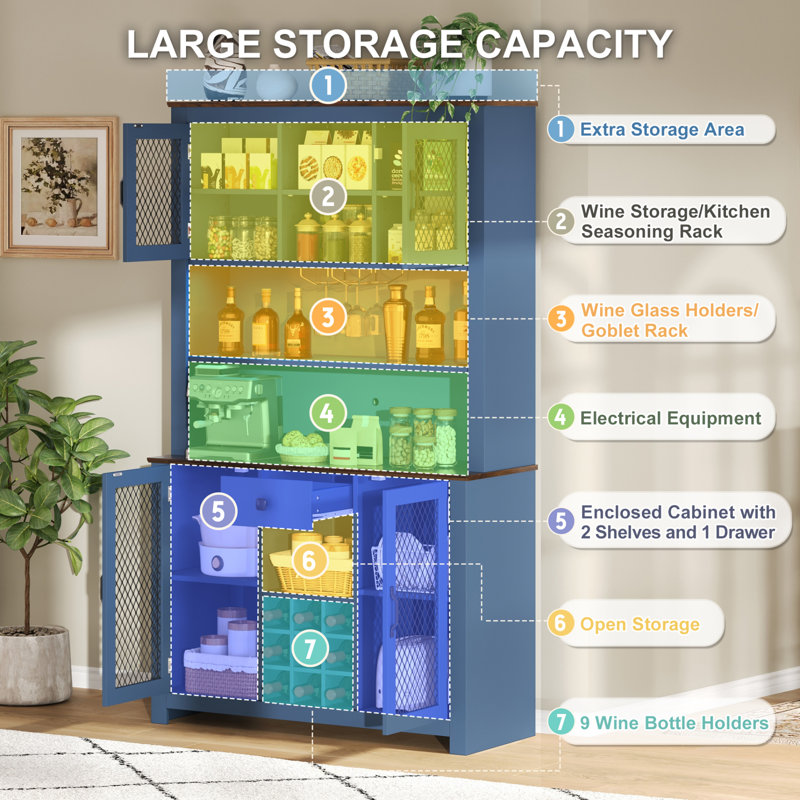Garde-manger autoportant 70,9 po H avec lumières DEL, ports de charge et système de rangement multiple, Bleu