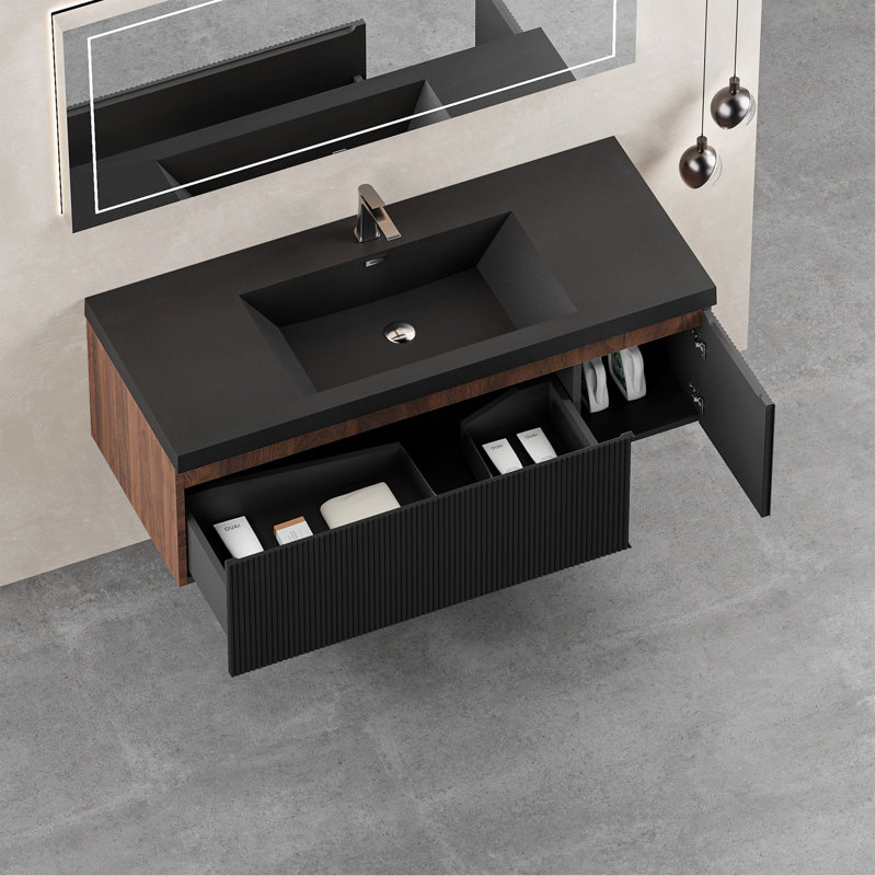Meuble-lavabo flottant 48 po avec lavabo, meuble-lavabo mural rayé avec tiroirs à fermeture en douceur et cuve à sable en quartz noir entièrement assemblé, noyer fumé