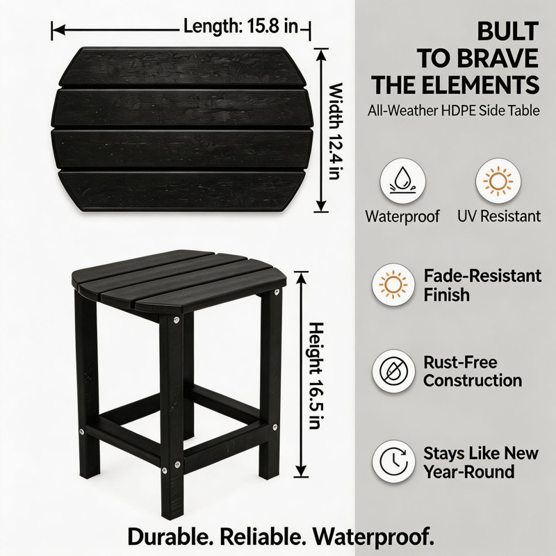 Table d'appoint de patio en PEHD robuste, table de bout d'extérieur en composite résistant aux intempéries pour chaises Adirondack, terrasse, piscine, intérieur / extérieur, noir, ovale