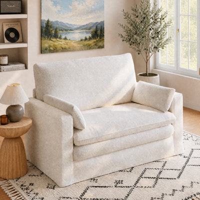 Chenille Upholstered Loveseat Sofa With 2 Pillows, Cloud 2-Seat Couch Square Arm, White