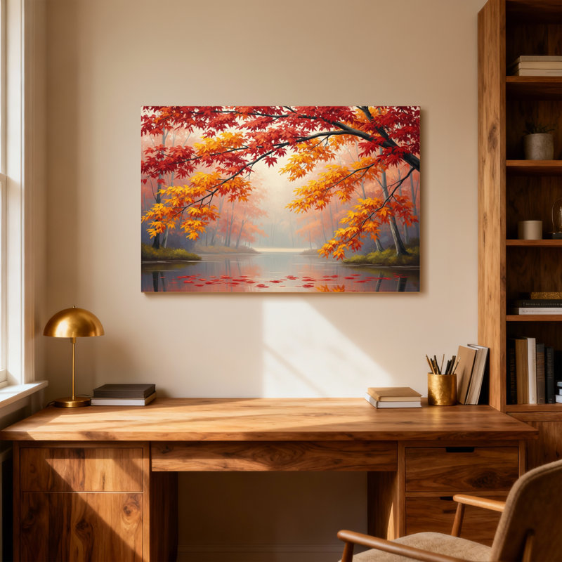 Paysage et nature, arbres d'automne reflétant dans le lac avec des feuilles rouges, H 28 po x l 40 po