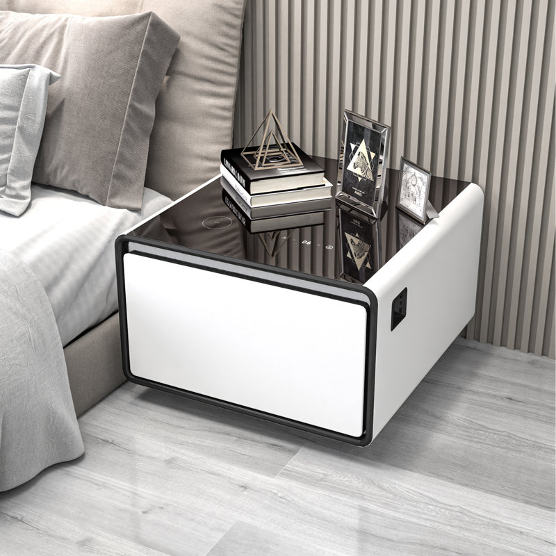 Smart End Table with Fridge and Built-In Outlets, White/Black