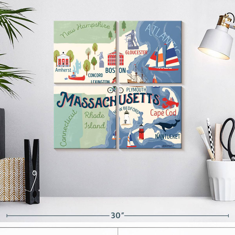 Aliaz State Maps - Massachusetts Attractions, 18" H x 18" W