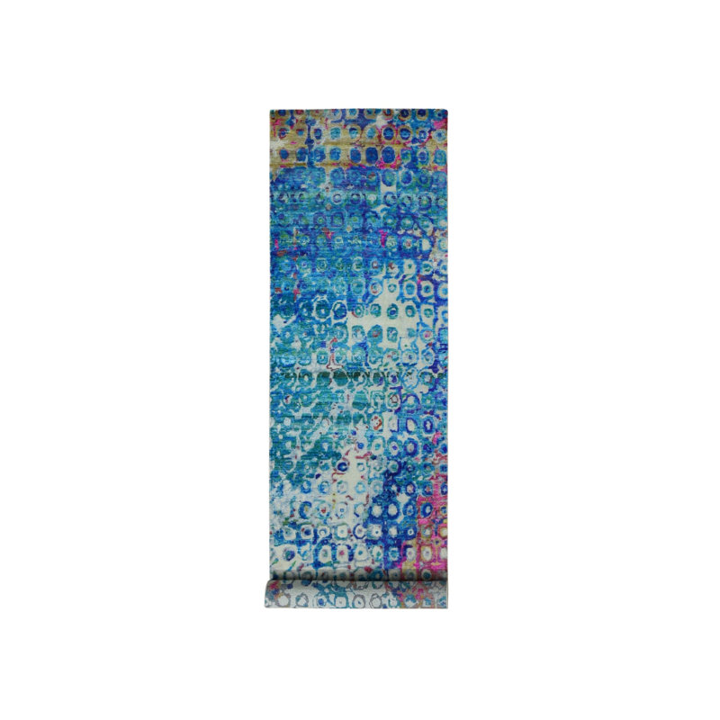 Tapis de passage en soie sari Â« THE PEACOCK Â», nouÃ© Ã  la main, bleu amiral, 3 pi x 12 pi 4 po, G87681