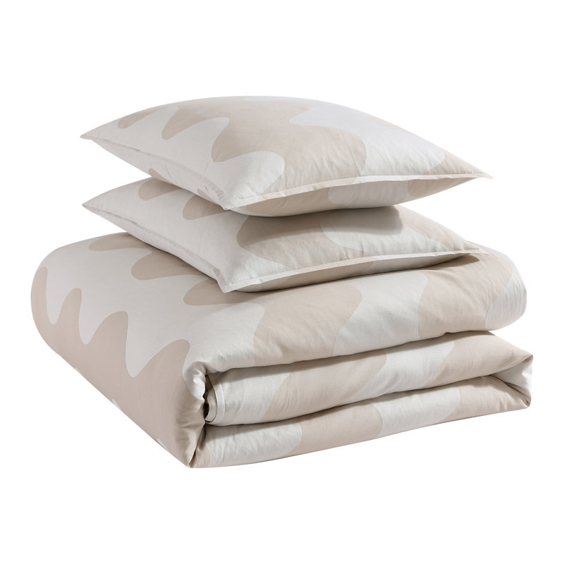 Lokki Beige/White Organic 100% Cotton Duvet Cover Set, King Duvet Cover + 2 King Shams