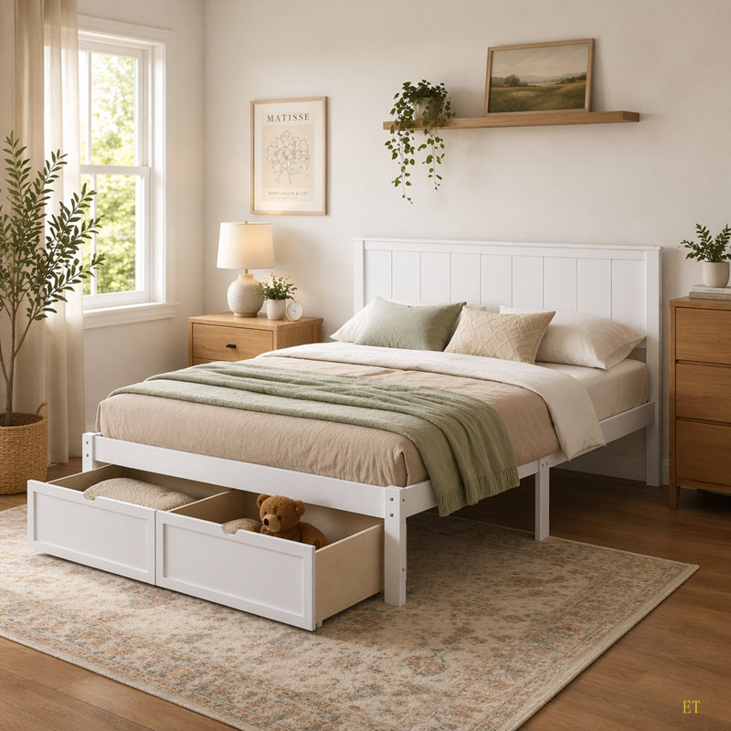 Platform Bed With Under-Bed Drawer, White, Full