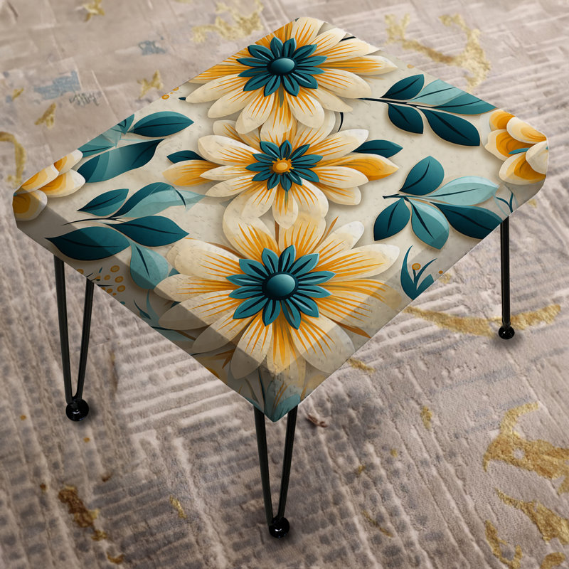 Repose-pieds rectangulaire jaune et bleu avec motif floral zen