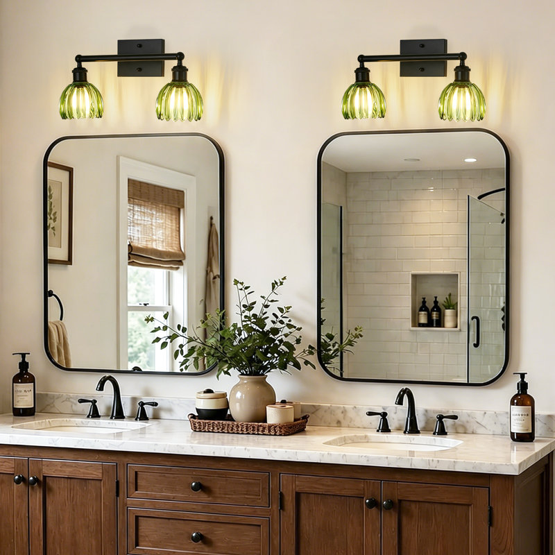2-light Green Glass Vanity Light, Vintage Bathroom Wall Sconce With Black Metal Frame, Matte Black, 2 Lights