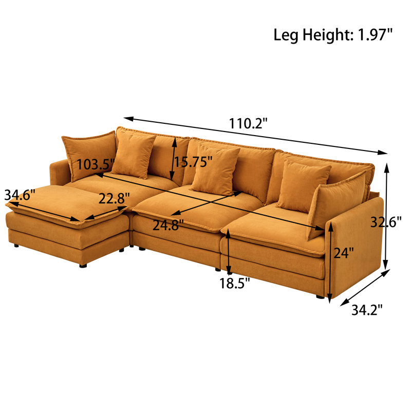 110.2" Chenille Three Seater Upholstered Sofa, Ottoman, Orange Chenille