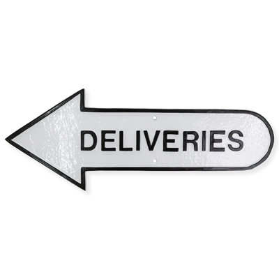 6" x 15.5" Left Arrow Deliveries Statement Plaque Sign - White/Black