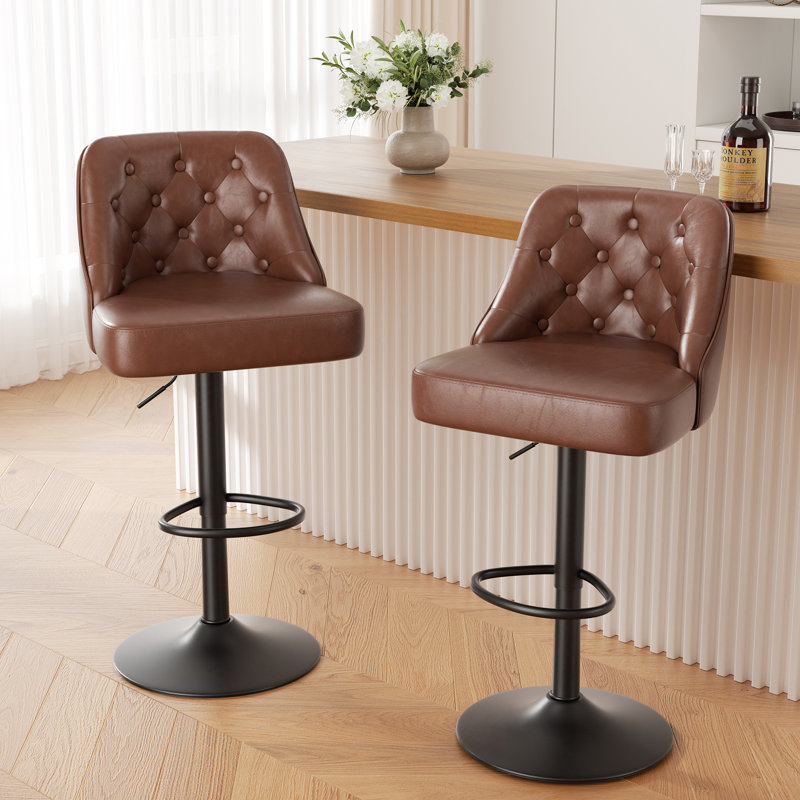 360-Degree Rotatable Faux Leather Bar Stool With Button Stitching, Dark Gray